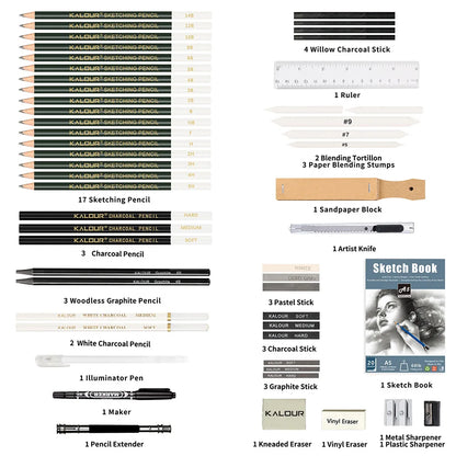 Complete 54-Piece Drawing Sketch Pencils Set - Wood Pencil Tool Kit with Artist Pencil Bags, Graphite & Charcoal Pencils, Erasers, Painting Book