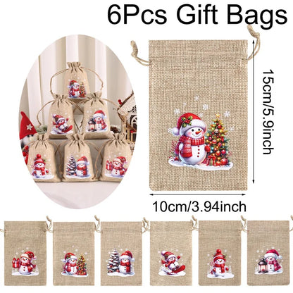 6pcs Christmas Linen Drawstring Gift Bags - Burlap Candy Biscuit Pouches for Holiday Decor & Xmas Gift Packaging