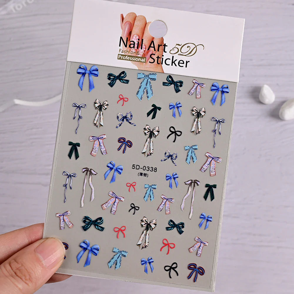 5D White Lace Bowknot Nail Art Stickers – Self-Adhesive Pearl Ribbon Luxury Nail Decals for DIY Manicure Decoration
