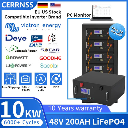 48V LiFePO4 Battery Pack — 100Ah/150Ah/200Ah 51.2V 10KW Rechargeable Lithium Solar Battery with 6000+ Cycles for Home Storage