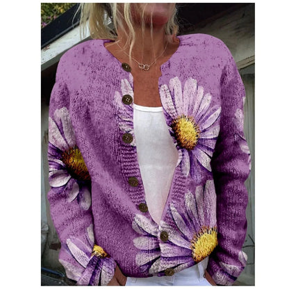 Women’s 3D Print Knitted Cardigan - Autumn Winter Vintage Thin Sweater Casual Fashion Knit Top