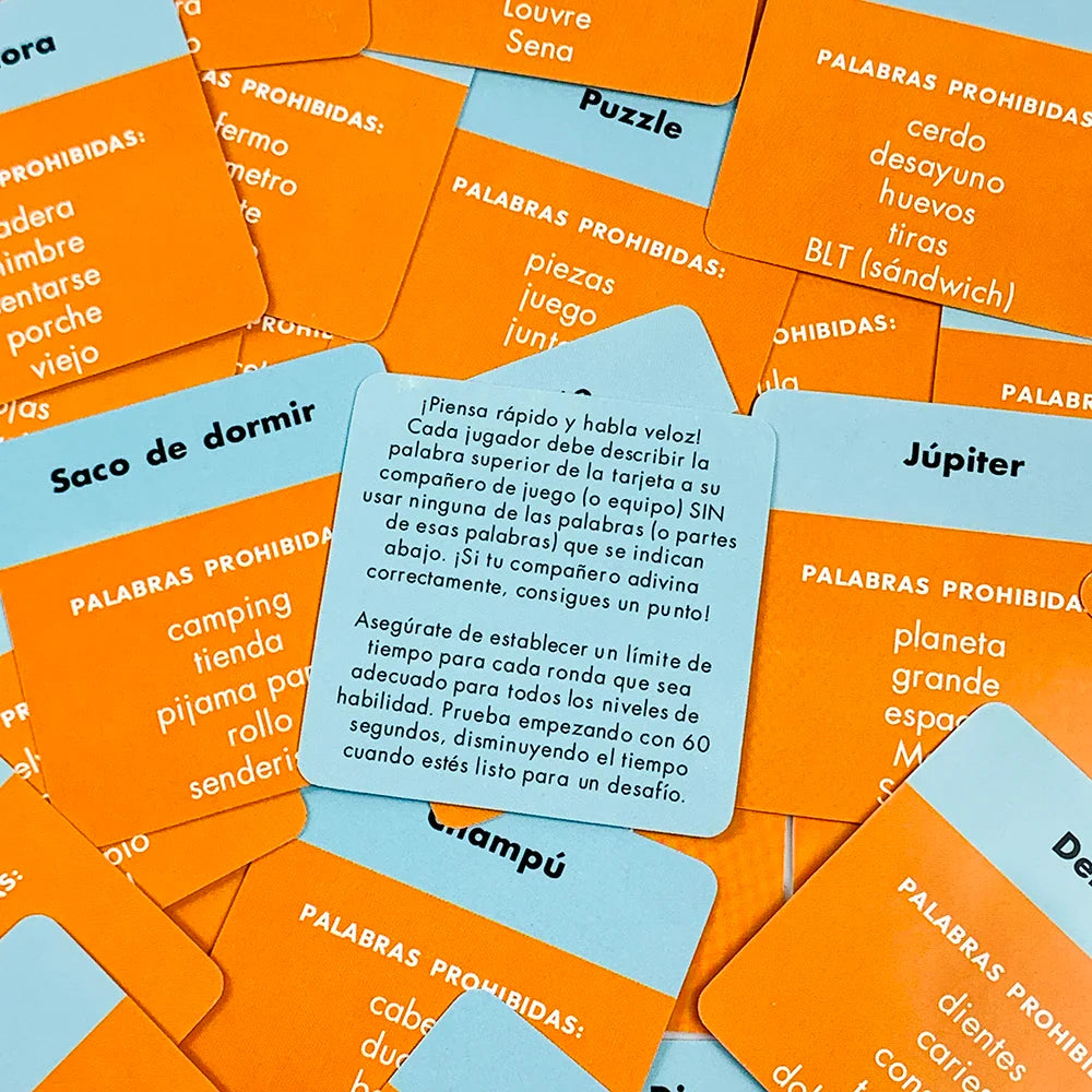 Spanish “Name That Word!” Mini Card Game – 50PCS Family & Camping Party Word Guessing Deck