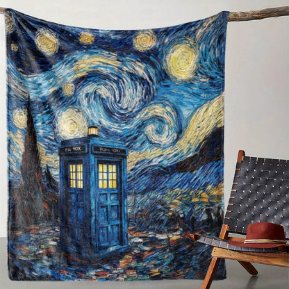 Starry Night TARDIS Fleece Blanket – Soft Cozy Doctor Who Throw for Bed, Sofa, Car, and Office