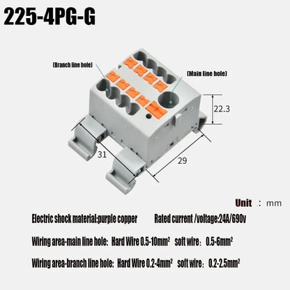 Compact Push-In Wire Connector Terminal Block – Fixed Modular Multi-Link Splicing 1-In Multiple-Out Lighting Connector 225 Series