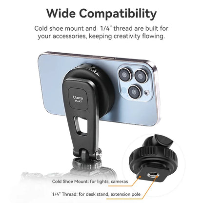 Ulanzi MA47 Magsafe Magnetic Phone Clamp – Universal Tripod Mount for iPhone 15/14/13/12 and Android, with 1/4" Screw and Cold Shoe