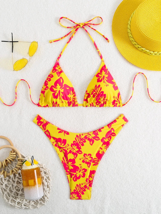 Retro Floral Print Bikini Set - Women's High Waisted Lace Up 2 Piece Summer Swimsuit Beachwear