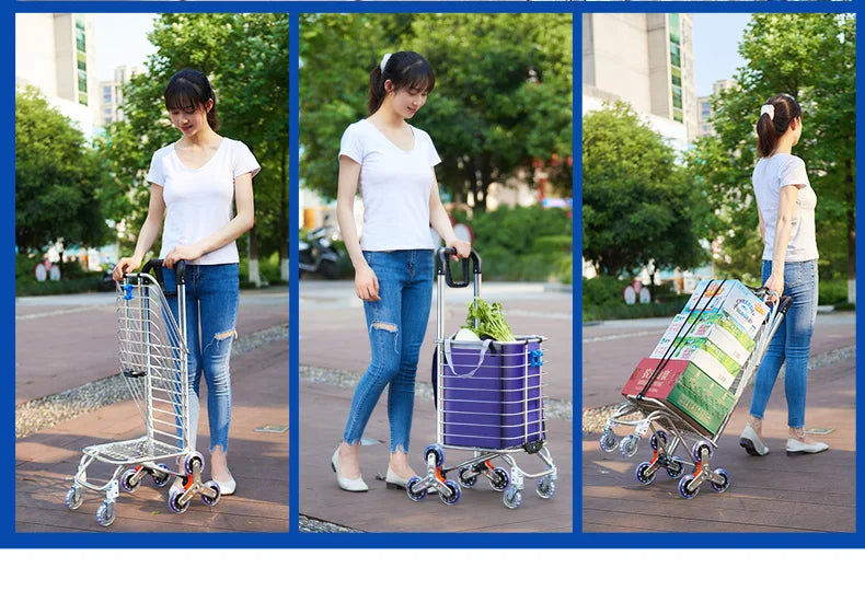Aluminum Alloy Folding Grocery Cart – Portable Lightweight Shopping Trolley with Step Climbing for Supermarket & Food