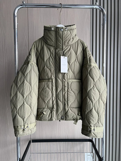 2024 ETJ Quilted Women's Coat – Beige Drawstring High Neck Jacket with Ties & Pockets