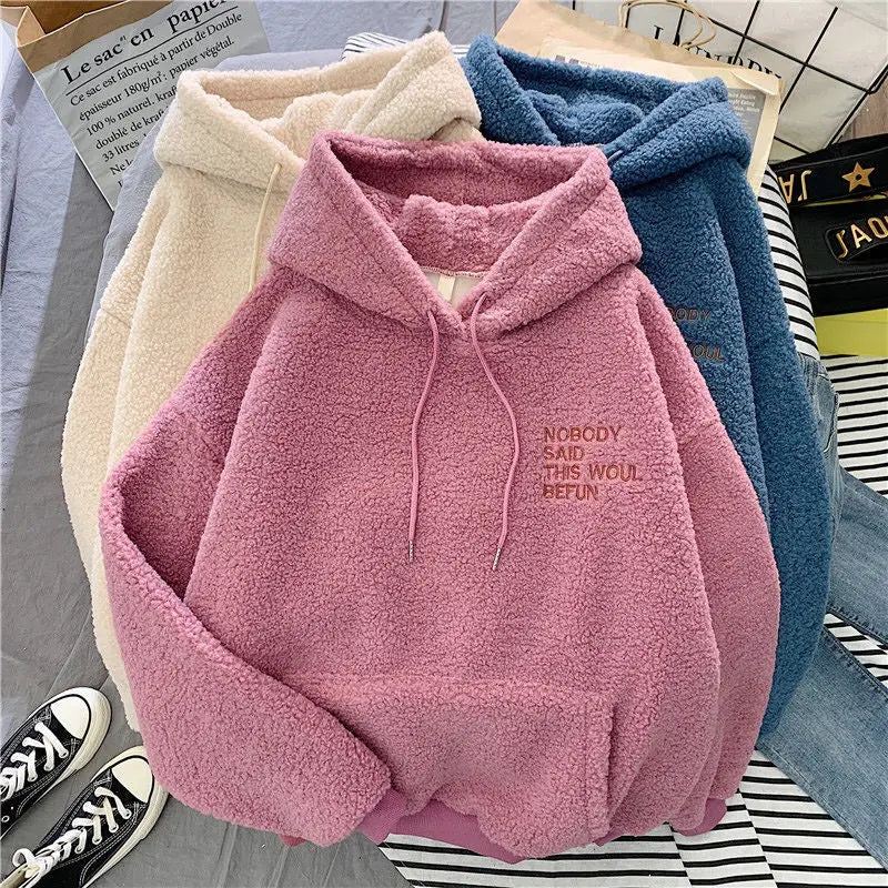 Women's Warm Fluffy Hoodie - Autumn Winter Lamb Wool Fleece Pullover Sweatshirt with Letter Print