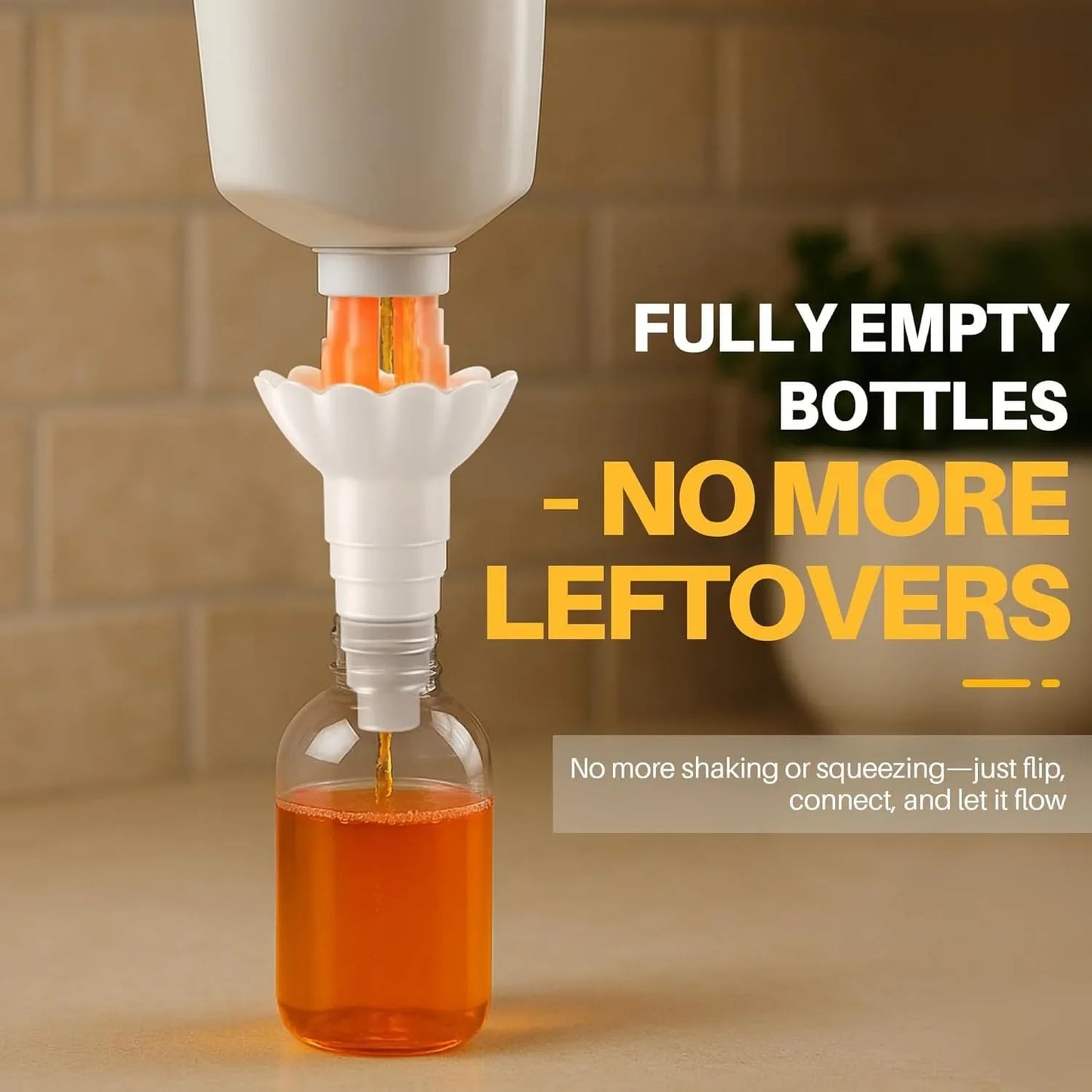 Universal Bottle Emptying Kit - Reusable Liquid Transfer Connector and No-Waste Funnel Adapter for Soap and Shampoo