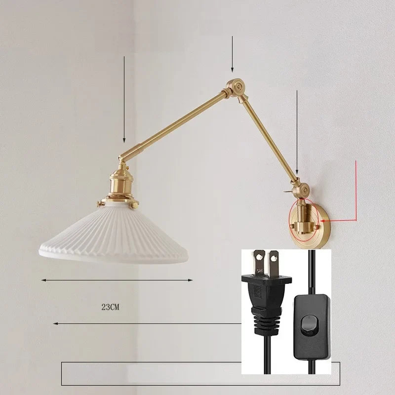 IWHD 2022 Ceramic Copper LED Wall Lamp — Adjustable Swinging Long Arm Light for Bedroom & Living Room