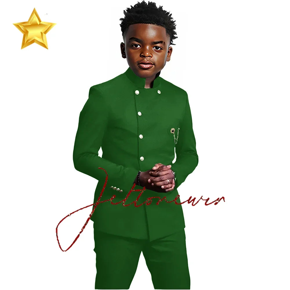 African Style Boys Suit - Stand Collar Blazer and Pants 2 Piece Casual Business Kids Formal Wear