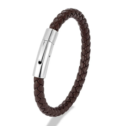 MKENDN Red Braided Leather Bracelet - 6mm Stainless Steel Button Unisex Couple Jewelry Gift Classic Simple Design