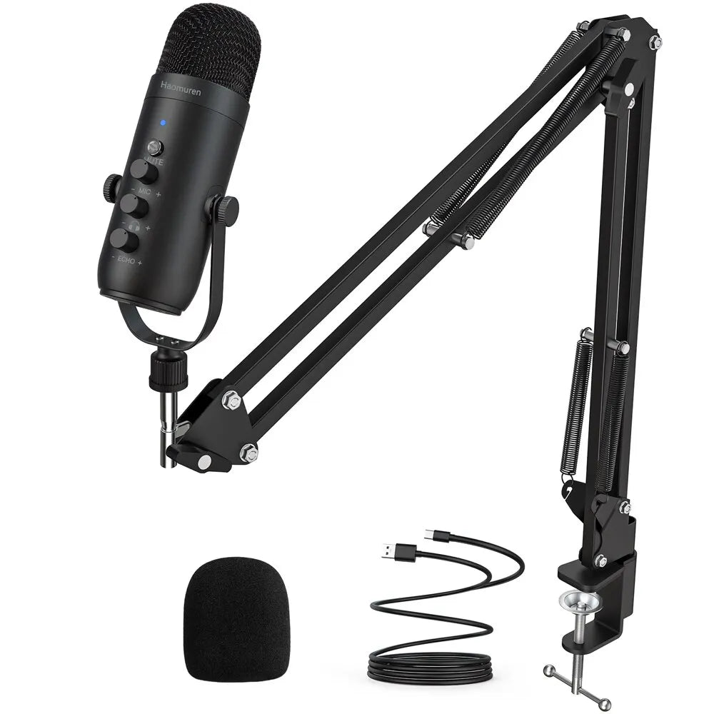 Haomuren USB Podcast Microphone Kit - Cardioid Condenser Mic with Boom Arm for PC Recording, YouTube & Streaming