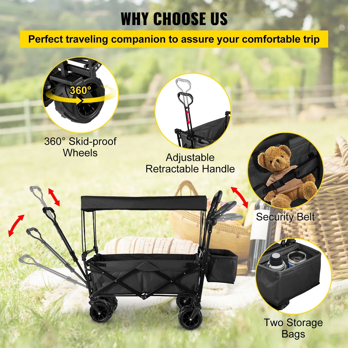 VEVOR Folding Wagon Cart with Adjustable Handle & Removable Canopy – Collapsible Oxford Cloth Utility Cart for Camping, Beach & Outdoor Use