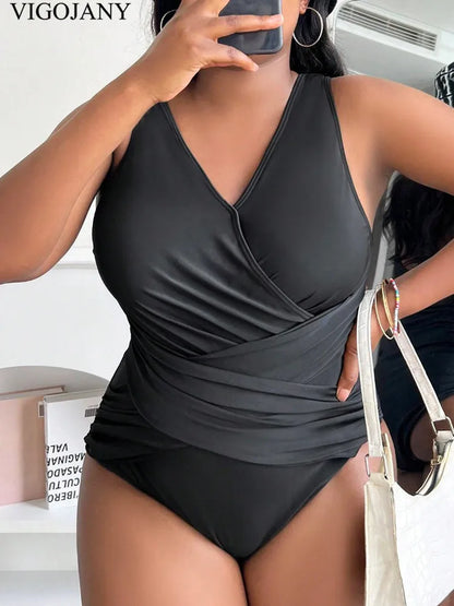 Plus Size One Piece Swimsuit for Women – VigoJany 2025 Cross Back Push Up Solid Color Beach Swimwear