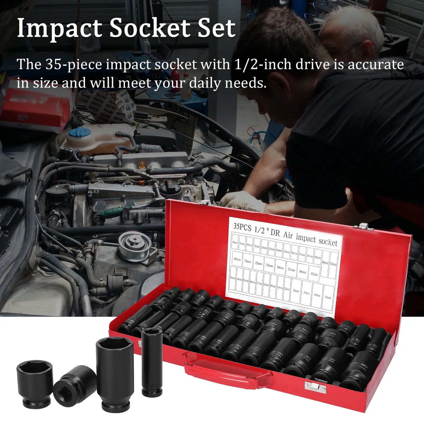 35PCS 1/2-Inch Pneumatic Impact Socket Set - Chrome Vanadium Steel Automotive Repair Tool Kit