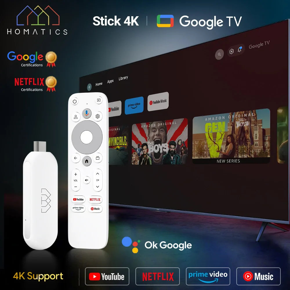 HOMATICS 4K TV Stick – Google Certified, Netflix, 2GB RAM, 32GB ROM, Dolby Atmos, Amlogic S905Y4, WiFi Streaming Box