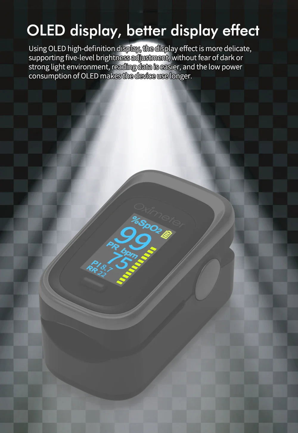 KIUZOU Finger Pulse Oximeter – SPO2, PR, PI, RR Blood Oxygen Saturation & Heart Rate Monitor, OLED Display
