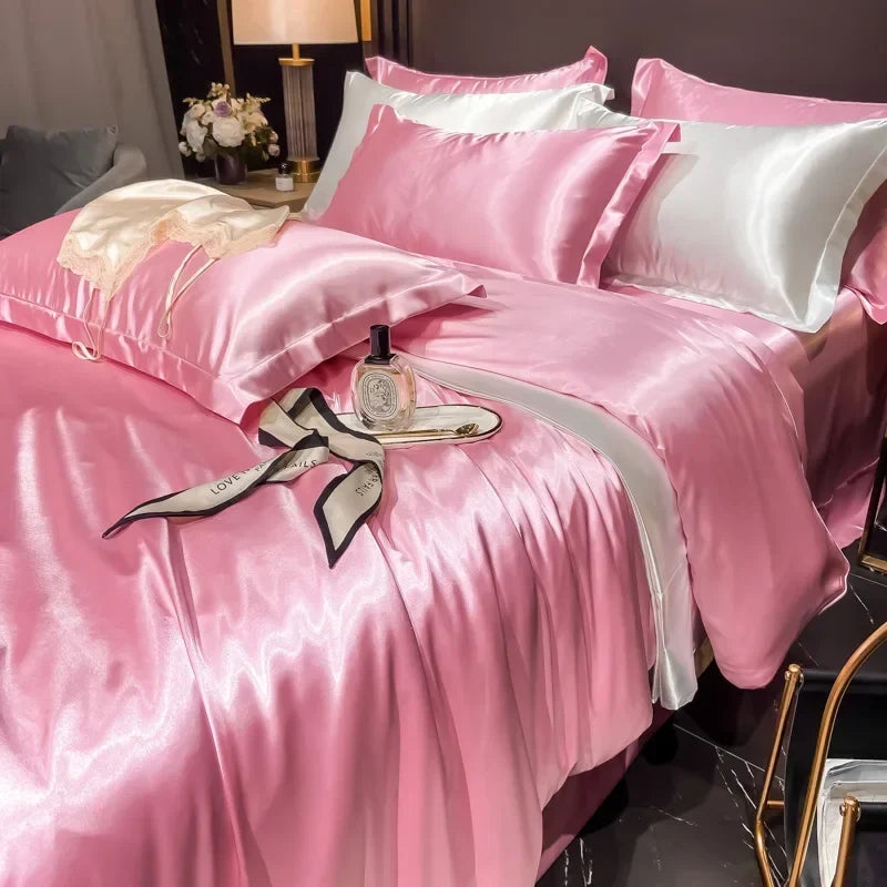Solid Silk Bedding Set - Luxury Duvet Cover Bed Sheet Pillowcase Set For King Single Double Couple Beds