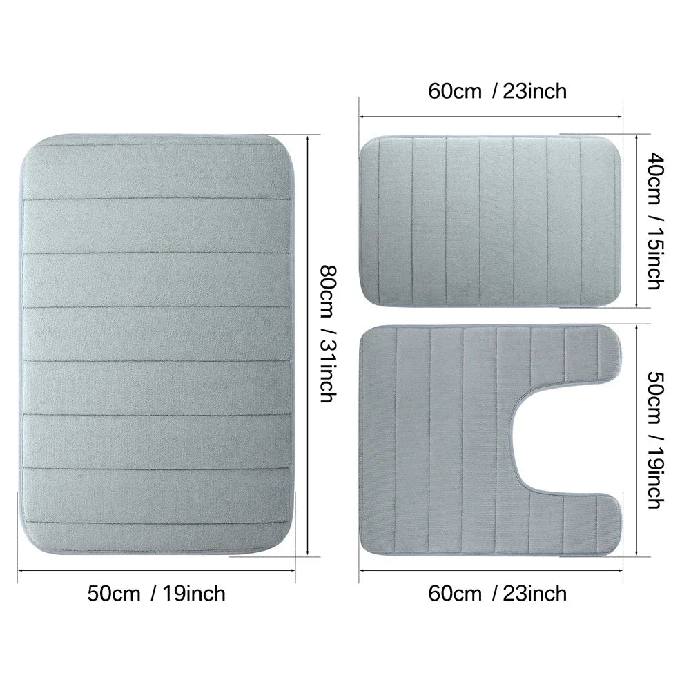 Non-Slip Grey Memory Foam Bath Mat Set – Soft, Water Absorbent, Quick-Drying, Machine Washable Bathroom Rugs for Home Floor