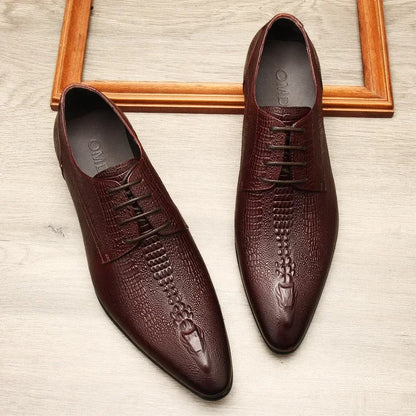 Men’s Genuine Leather Oxford Shoes - Handmade Crocodile Pattern Formal Wedding Business Dress Shoes in Black or Blue