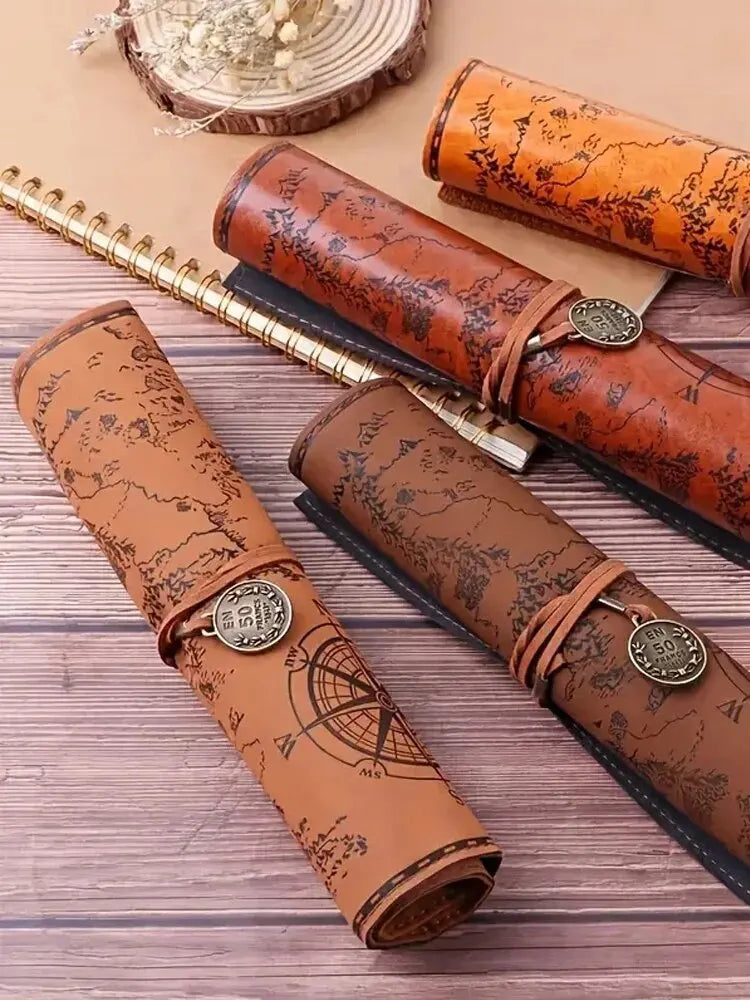 Creative Treasure Map Leather Pencil Case – Large Capacity Roll-Up Pencil Bag with Embossed Buckle, Retro Stationery Organizer