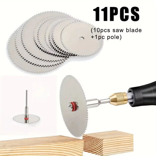 11Pcs Mini Circular Saw Blade Set - Precision Cutting Discs with Rod for Wood, Metal & DIY Craft Projects