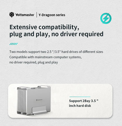 Yottamaster 1/2 Bay RAID Hard Drive Enclosure — 2.5"/3.5" SATA SSD/HDD External Case USB 3.1 Type-C 10Gbps, Supports Up to 2×16TB