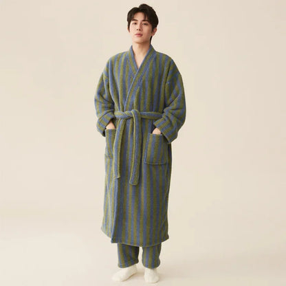 Couple’s Thickened Flannel Pajama Set – Coral Velvet Bathrobe & Striped Pants for Autumn Winter Homewear