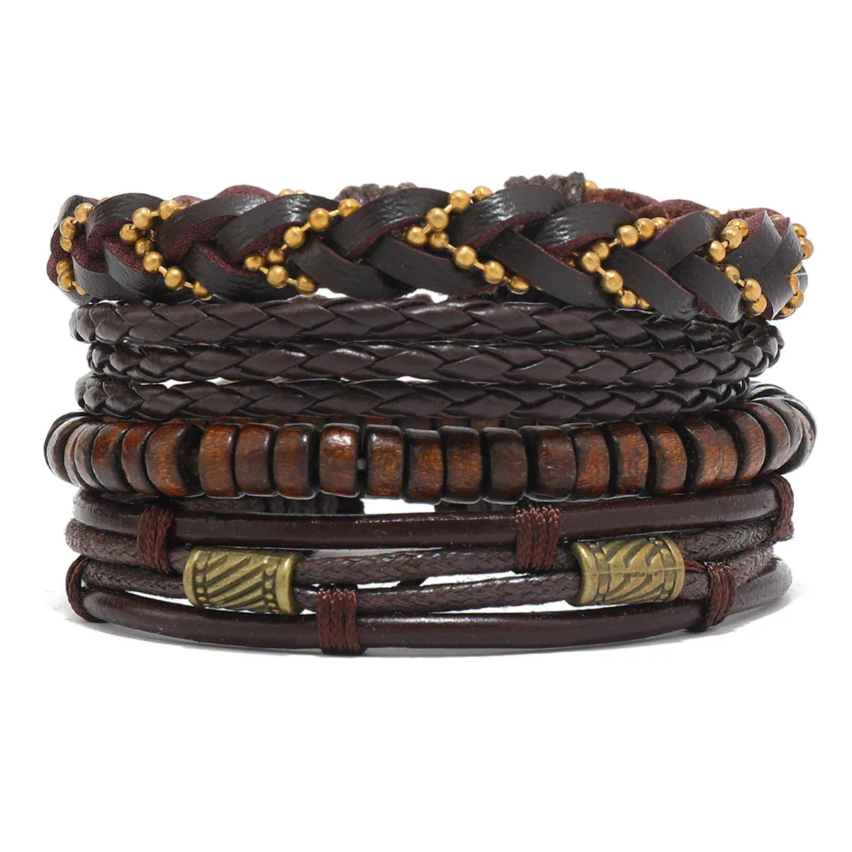 4Pcs Men's Braided Leather Bracelets Set – Vintage Life Tree & Rudder Charms, Wood Beads, Ethnic Tribal Wristbands