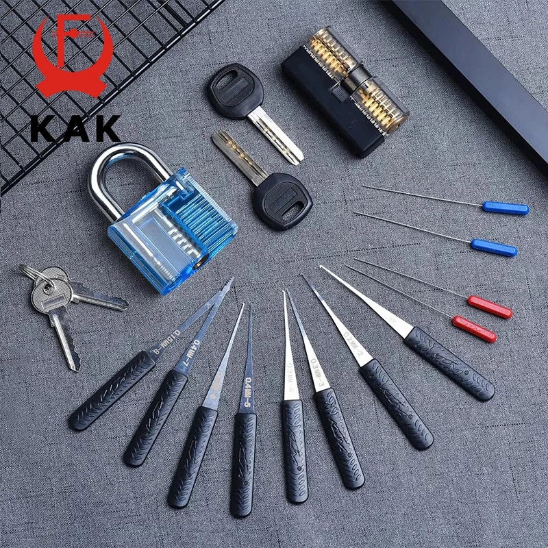 KAK Transparent Practice Padlock Set - Cutaway Training Lock with Broken Key Extractor Hooks and Locksmith Tools