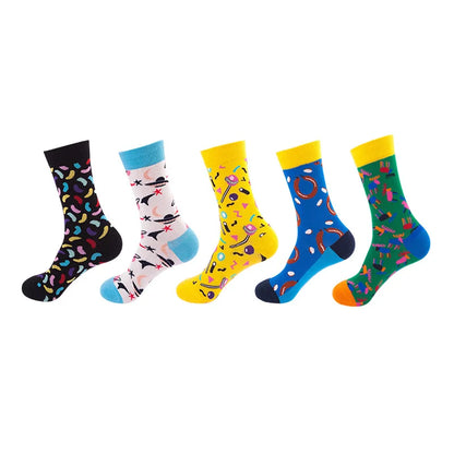 5-Pair Men’s Cotton Sports Socks Pack - Hip Hop Harajuku Pastel Print Long Tube Running Casual Socks