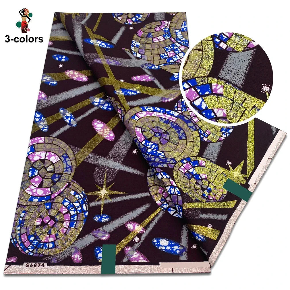 African Glitter Glam Wax Fabric - 100% Cotton Golden Ankara Print 6 Yards