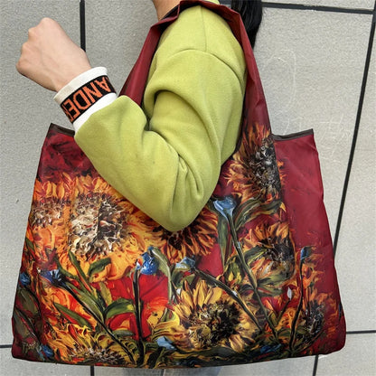 Flower Oil Painting Foldable Reusable Shopping Bag – Large Capacity Portable Shoulder Tote for Travel, Grocery & Beach Storage Handbag