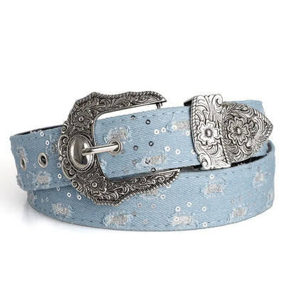 Rhinestone Buckle Belt - Retro Ripped Denim Punk Rock Fashion Accessory for Men & Women