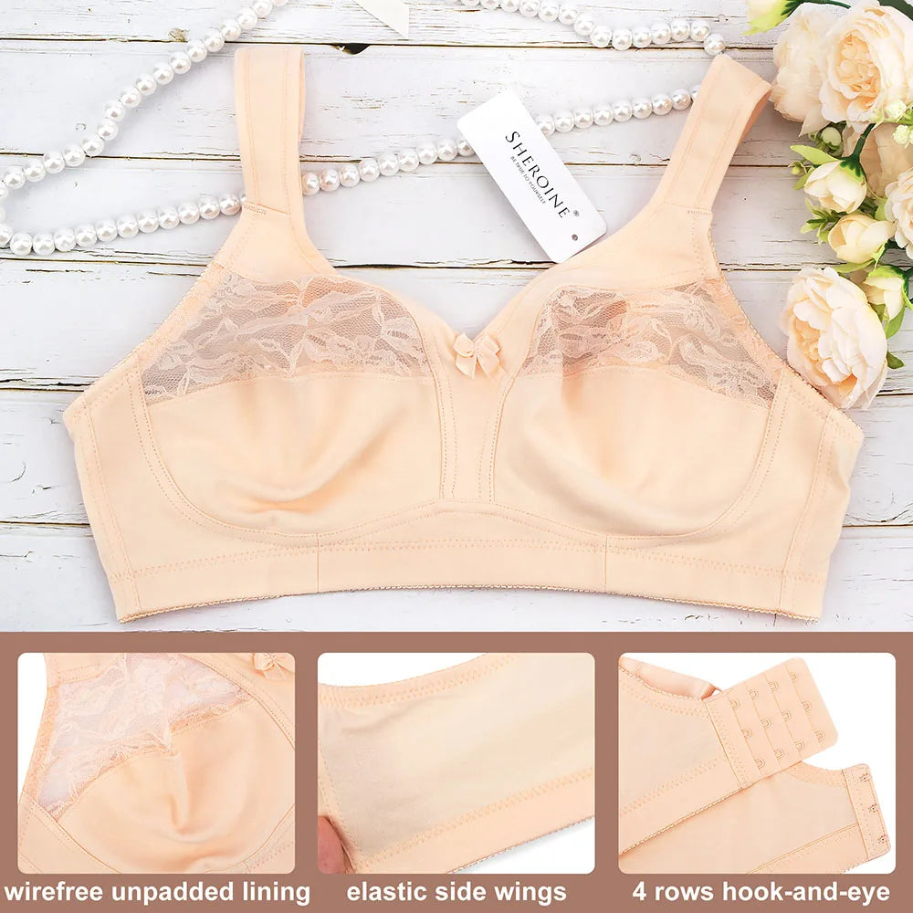 Sheroine Plus Size Wire-Free Bra - Soft Cotton Lace Floral Full Coverage Unpadded Everyday Support
