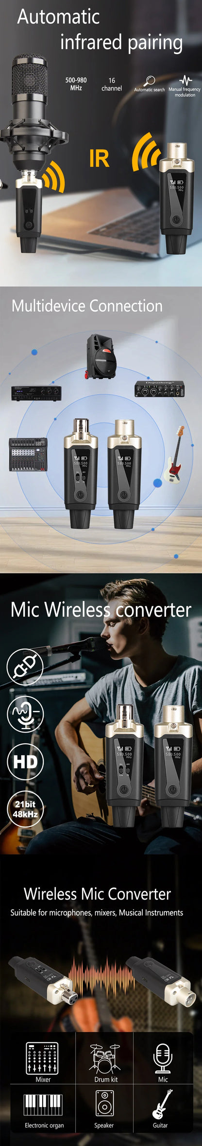 Wireless Microphone System - XLR Mic Converter Adapter with UHF Transmitter for Condenser & Dynamic Mics