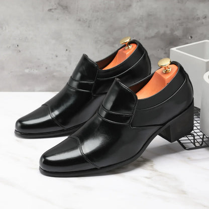 Premium Leather Men’s Slip-On Loafers - Business Casual Wedding Plaid Design Height Increasing Shoes