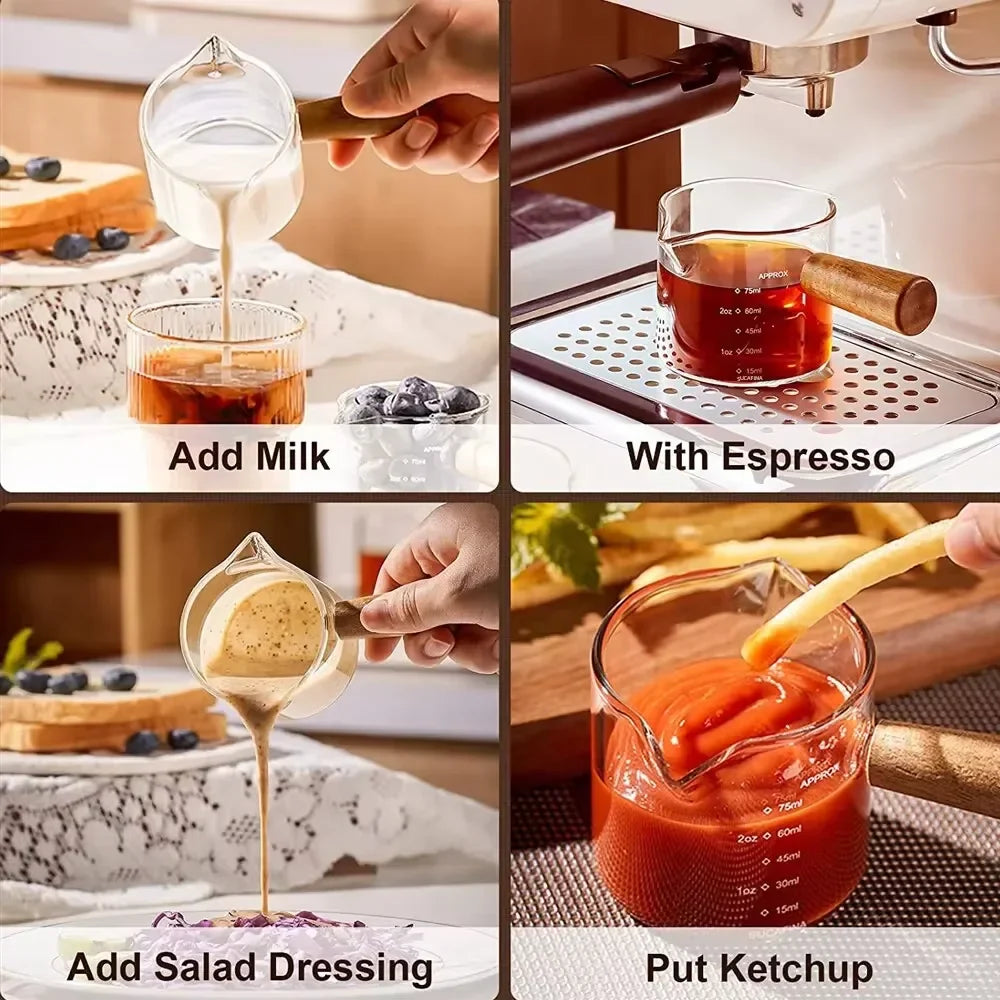 75ML Glass Coffee Measuring Cup with Wooden Handle — Espresso, Milk & Latte Transparent Cup with Scale, Kitchen Coffee Barista Tool