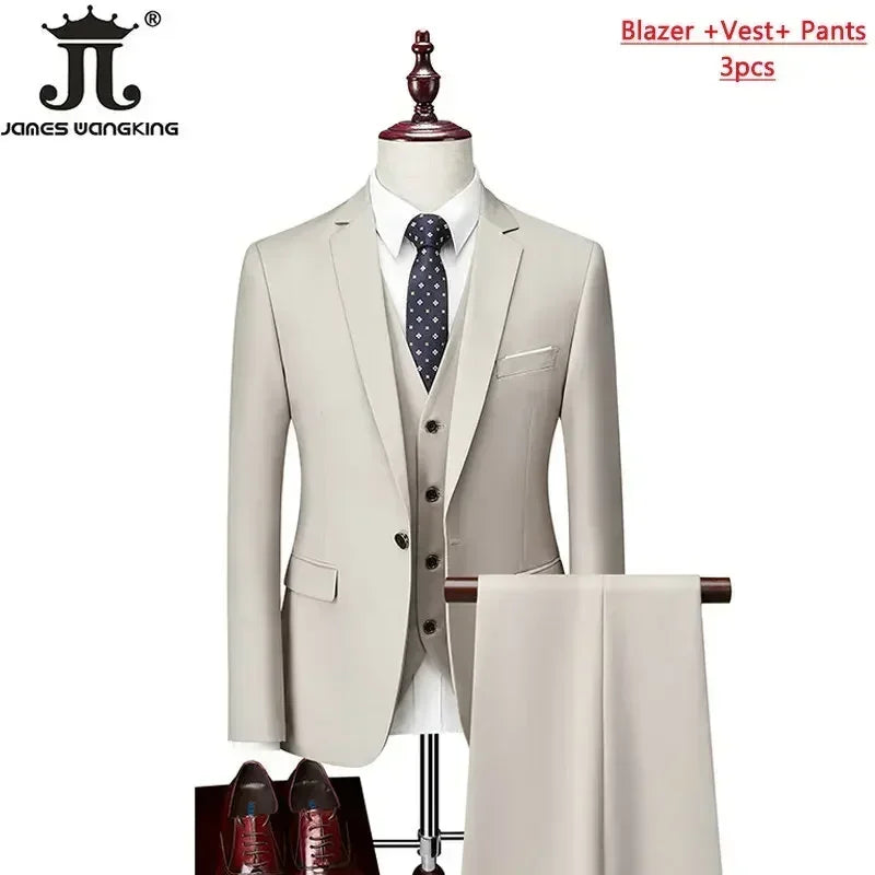 Men's 3 Piece Suit Set - Solid Color Formal Business Jacket Vest Pants Wedding Groom Party Tuxedo Outfit M-6XL