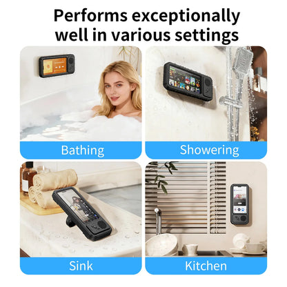 Waterproof Shower Phone Holder with Bluetooth Speaker – Wall Mounted Bathroom Phone Case Stand for Mirror & Hands-Free Music Streaming