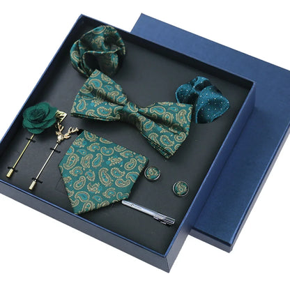 Men’s Luxury Silk Tie Set - 8cm Wedding Necktie with Bowtie, Pocket Square, Cufflinks & Floral Gift Box Accessories