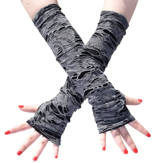 Gothic Fingerless Ripped Gloves - Black Slit Halloween Cosplay Gloves for Adults