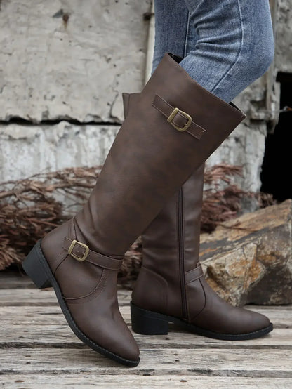Women’s Winter High-Top Knight Boots – Side Zipper & Belt Buckle, Pointed Toe, PU Material with Cotton Lining