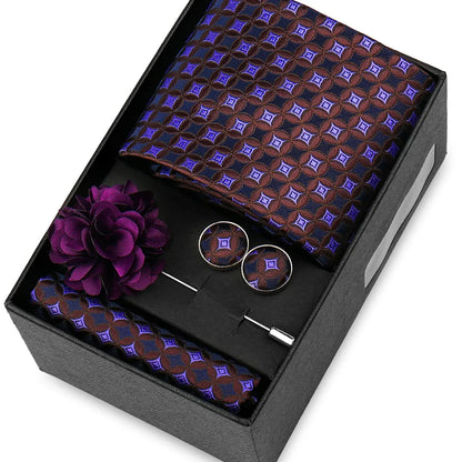 Elegant Men’s Necktie Gift Set - Fashion Tie with Handkerchief, Cufflinks & Brooch Pin Accessories for Business & Wedding