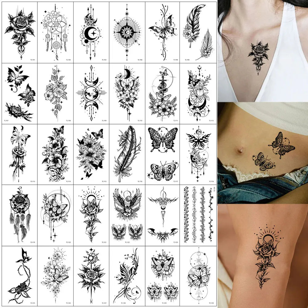 30pcs Black Temporary Tattoo Stickers - Flower Butterfly Rose Moon Star Mandala Designs for Hand, Chest & Body Art