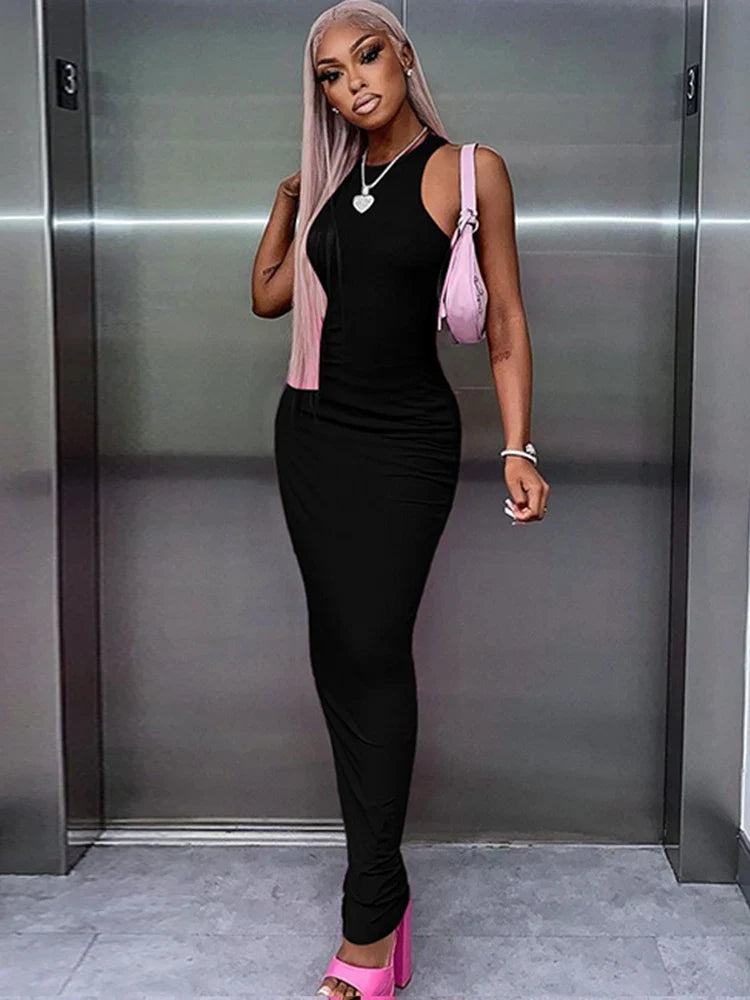 Hugcitar Ribbed Bodycon Maxi Dress - Y2K Sleeveless Sexy Club Party Streetwear Outfit for Women