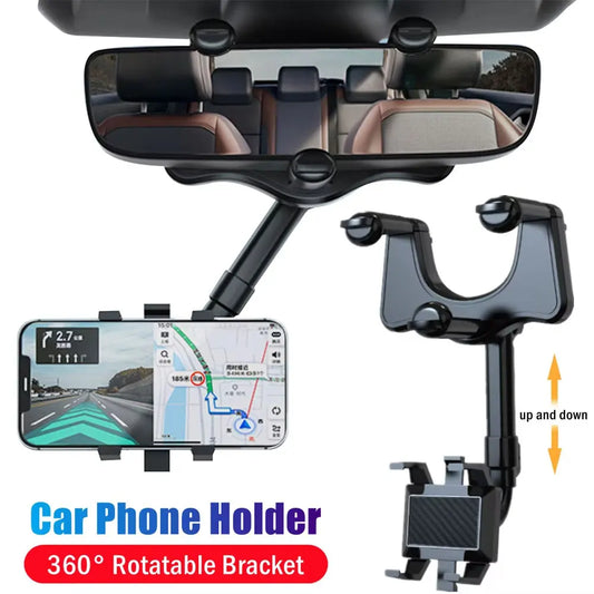 360° Adjustable Car Rearview Mirror Phone Holder - Retractable GPS Mount Clip for Mobile Devices