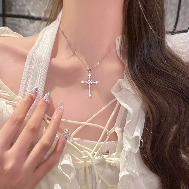 Women’s Crystal Zircon Cross Necklace - Trendy Chain Choker Pendant Jewelry for Party and Gift Style